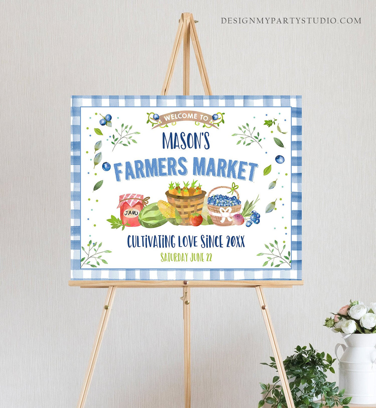 Editable Farmers Market Welcome Sign Blueberry Birthday Baby Shower Farm Party Fruits Market Locally Grown Boy Download Corjl Template 0144