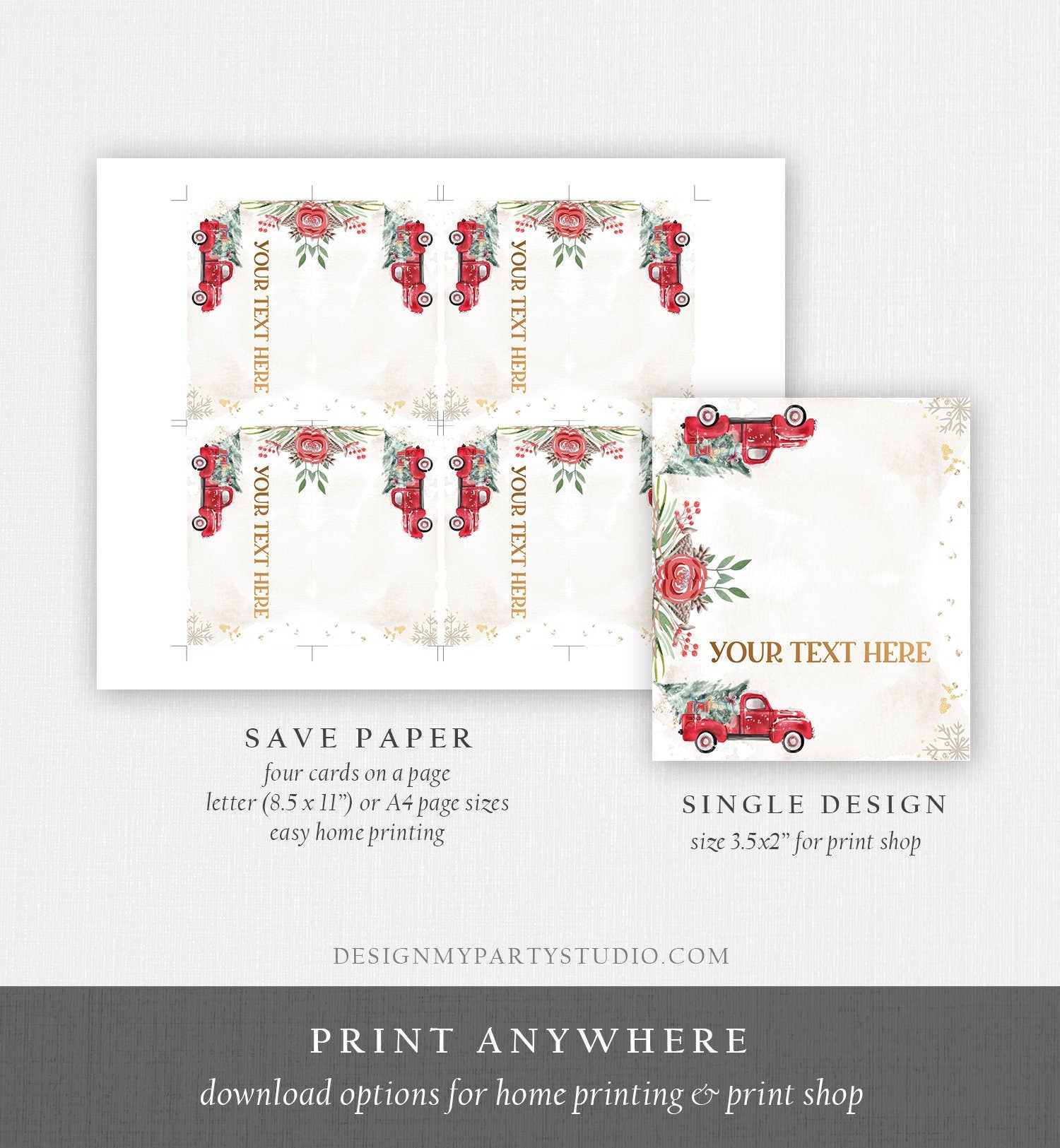 Editable Winter Truck Food Labels Place Card Tent Card Escort Holiday Party Christmas Red Truck Digital Download Template Printable 0356