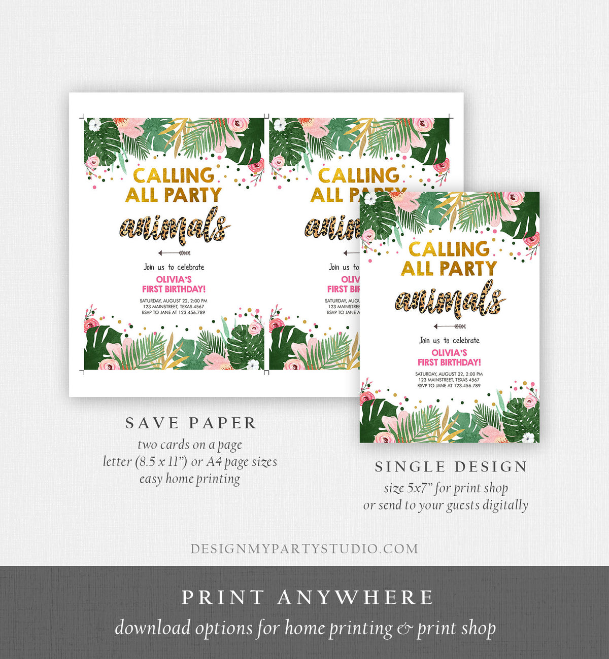 Editable Party Animals Birthday Invitation Girl Calling All Safari Pink Leopard Jungle Wild One Child Download Corjl Template Printable 0332