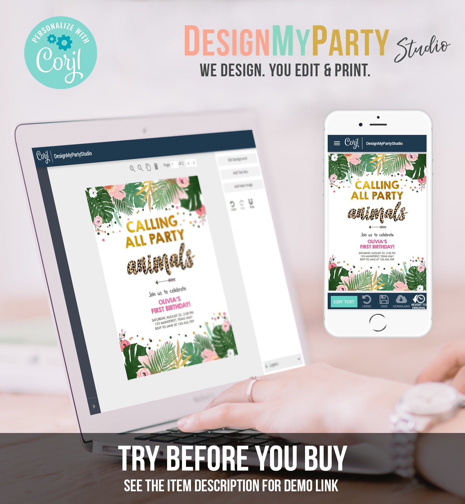 Editable Party Animals Birthday Invitation Girl Calling All Safari Pink Leopard Jungle Wild One Child Download Corjl Template Printable 0332