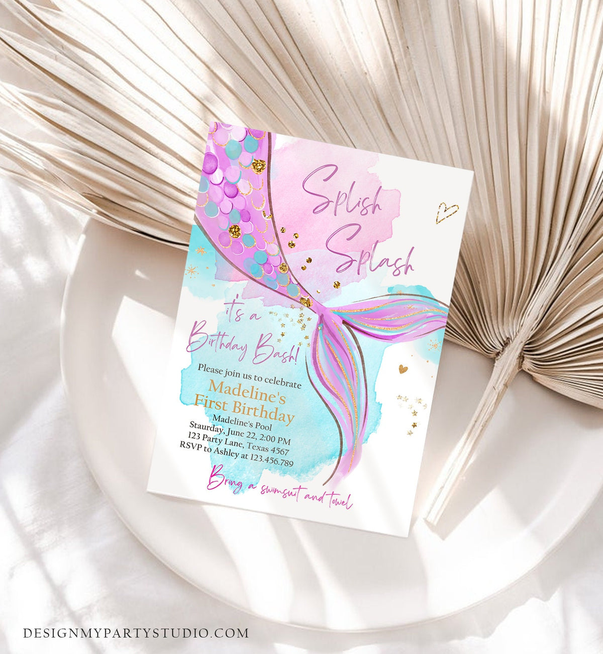 Editable Mermaid Birthday Party Invitation Girl Pink Purple Gold Mermaid Birthday Under The Sea Download Printable Template Corjl 0403