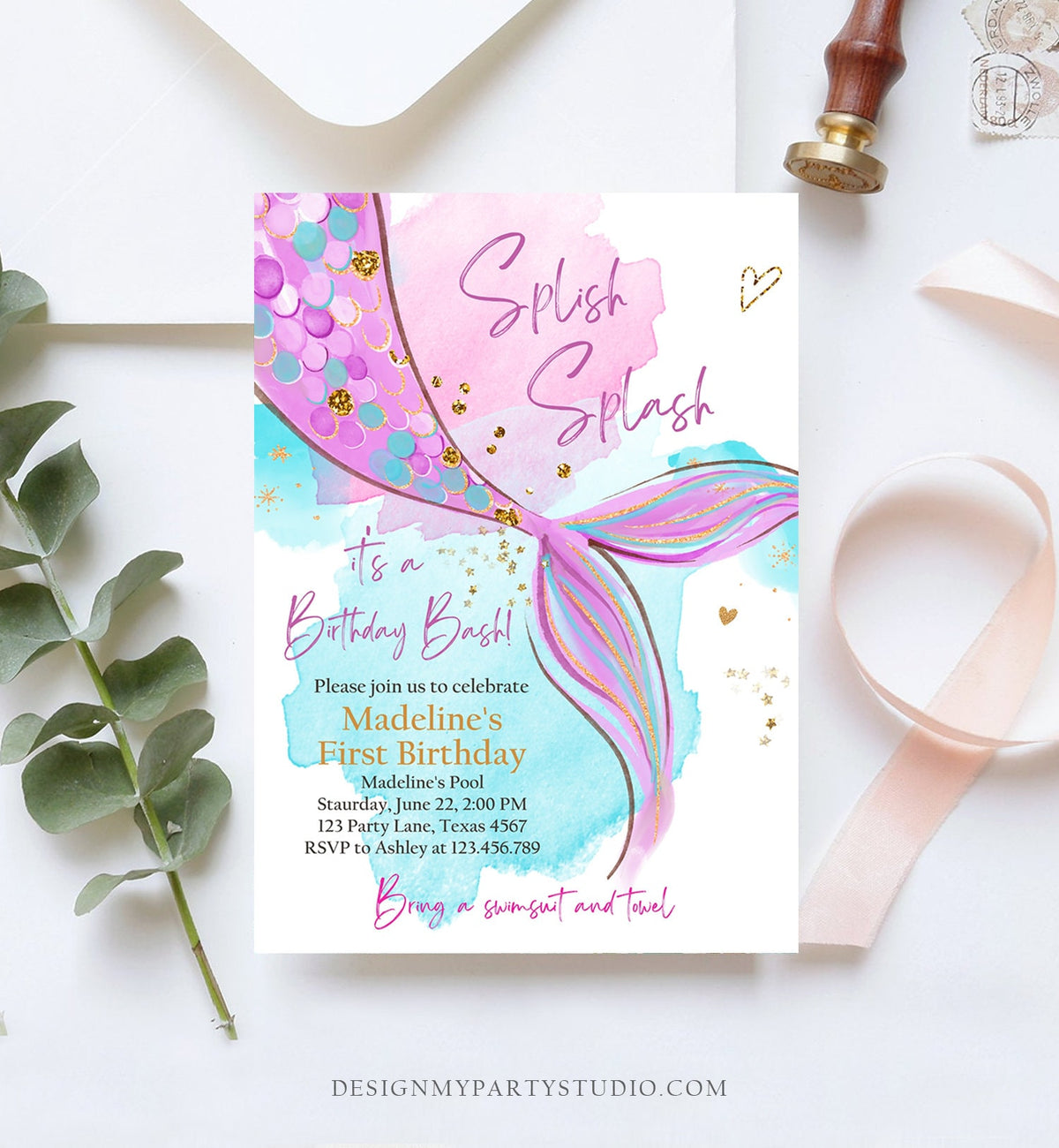Editable Mermaid Birthday Party Invitation Girl Pink Purple Gold Mermaid Birthday Under The Sea Download Printable Template Corjl 0403