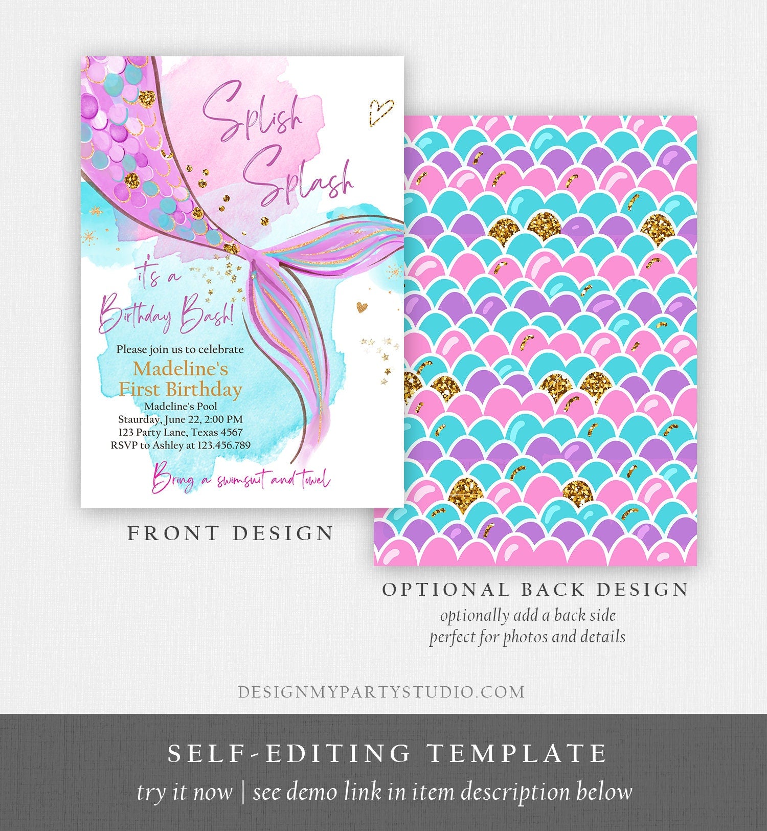 Editable Mermaid Birthday Party Invitation Girl Pink Purple Gold Mermaid Birthday Under The Sea Download Printable Template Corjl 0403