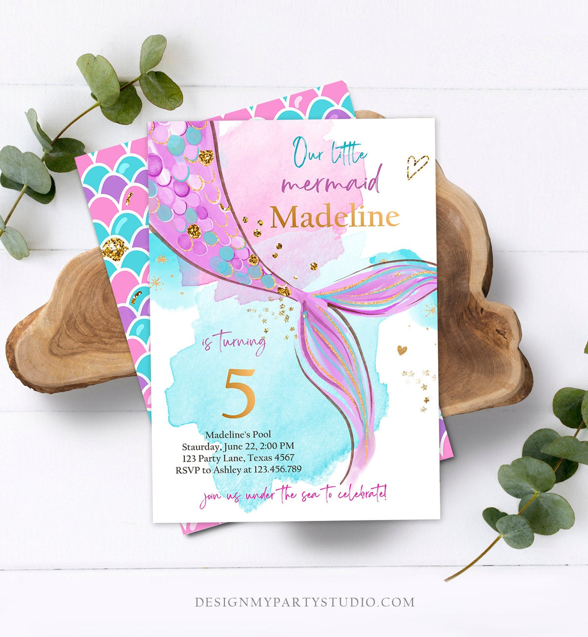 Editable Mermaid Birthday Party Invitation Girl Pink Purple Gold Mermaid Birthday Under The Sea Download Evite Template Printable 0403