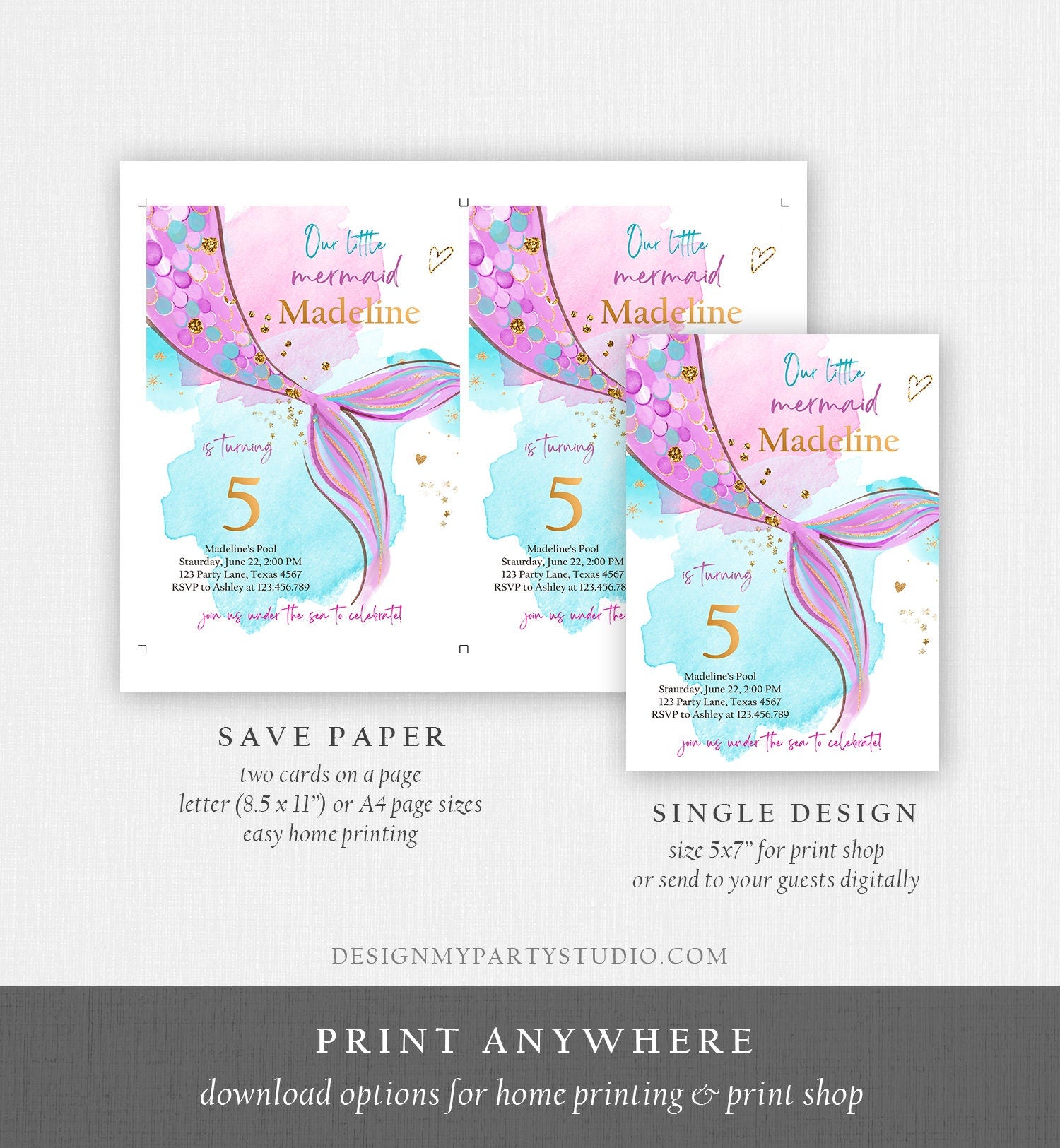 Editable Mermaid Birthday Party Invitation Girl Pink Purple Gold Mermaid Birthday Under The Sea Download Evite Template Printable 0403