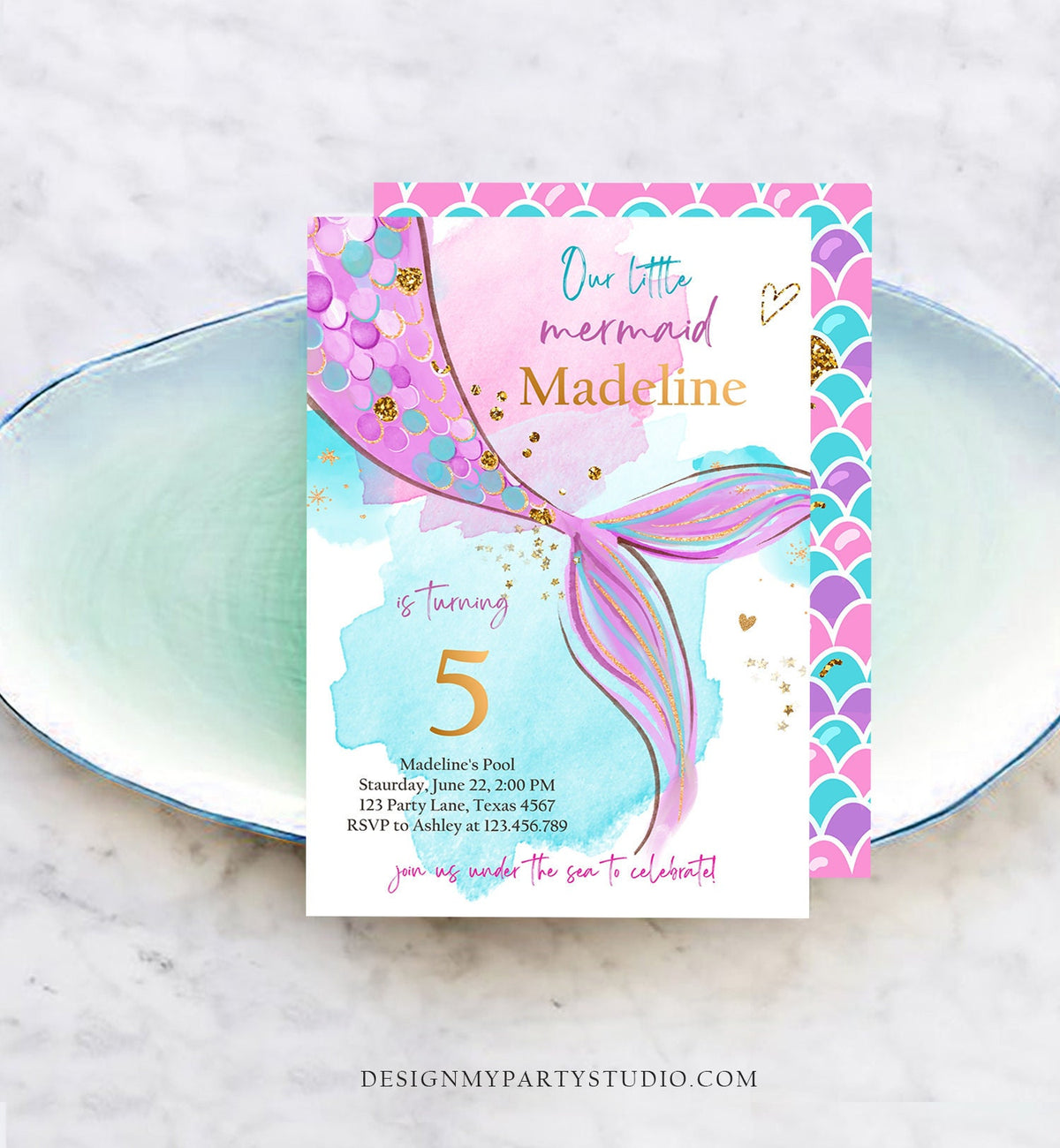 Editable Mermaid Birthday Party Invitation Girl Pink Purple Gold Mermaid Birthday Under The Sea Download Evite Template Printable 0403