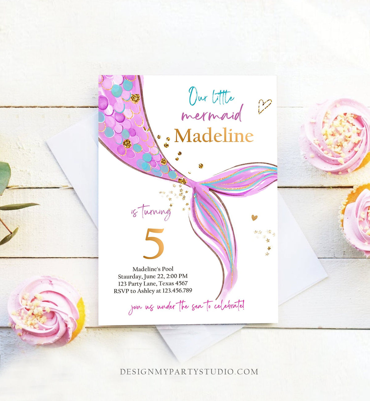 Editable Mermaid Birthday Party Invitation Girl Pink Purple Gold Mermaid Birthday Under The Sea Digital Download Template Printable 0403