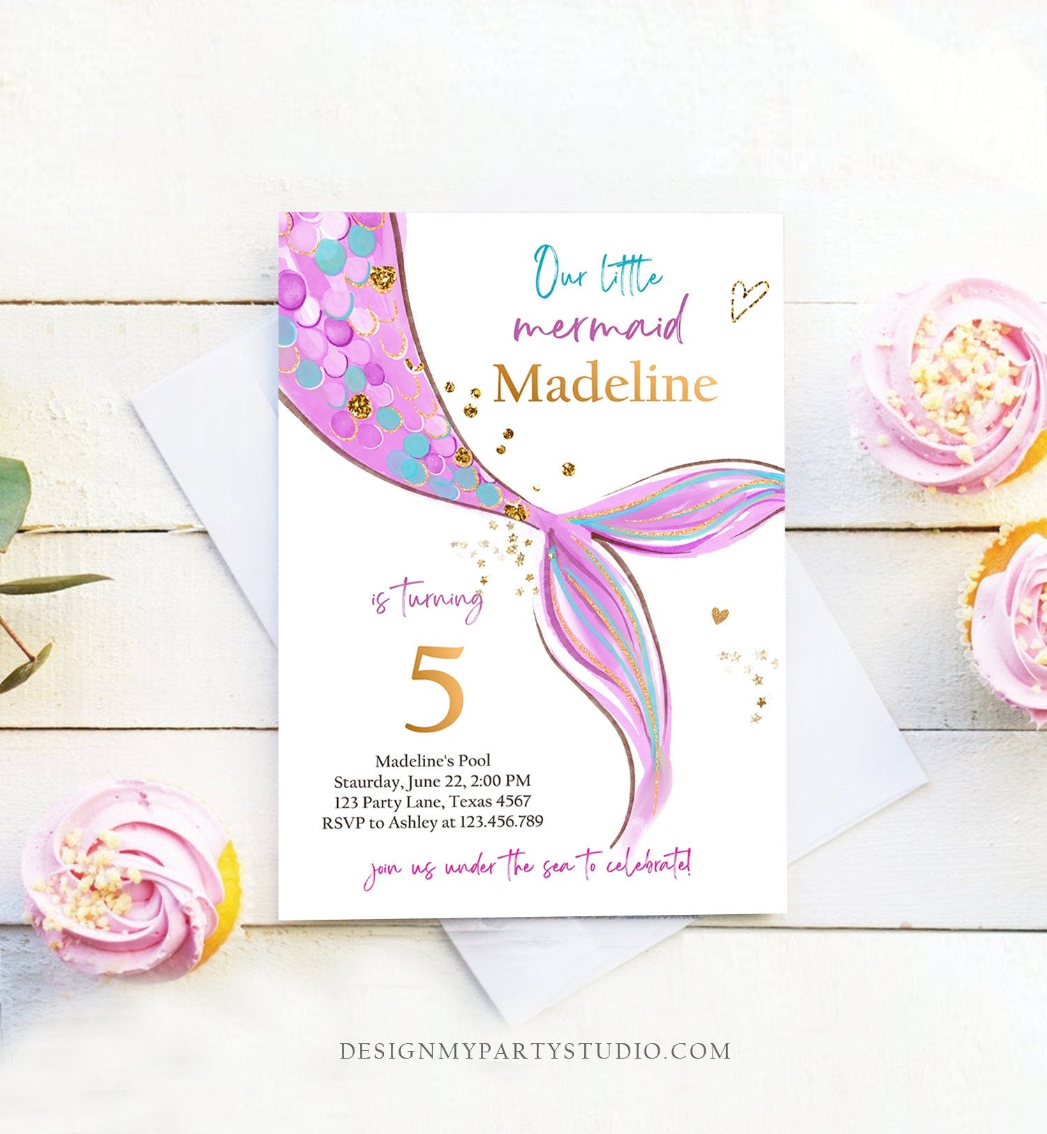 Editable Mermaid Birthday Party Invitation Girl Pink Purple Gold Mermaid Birthday Under The Sea Digital Download Template Printable 0403