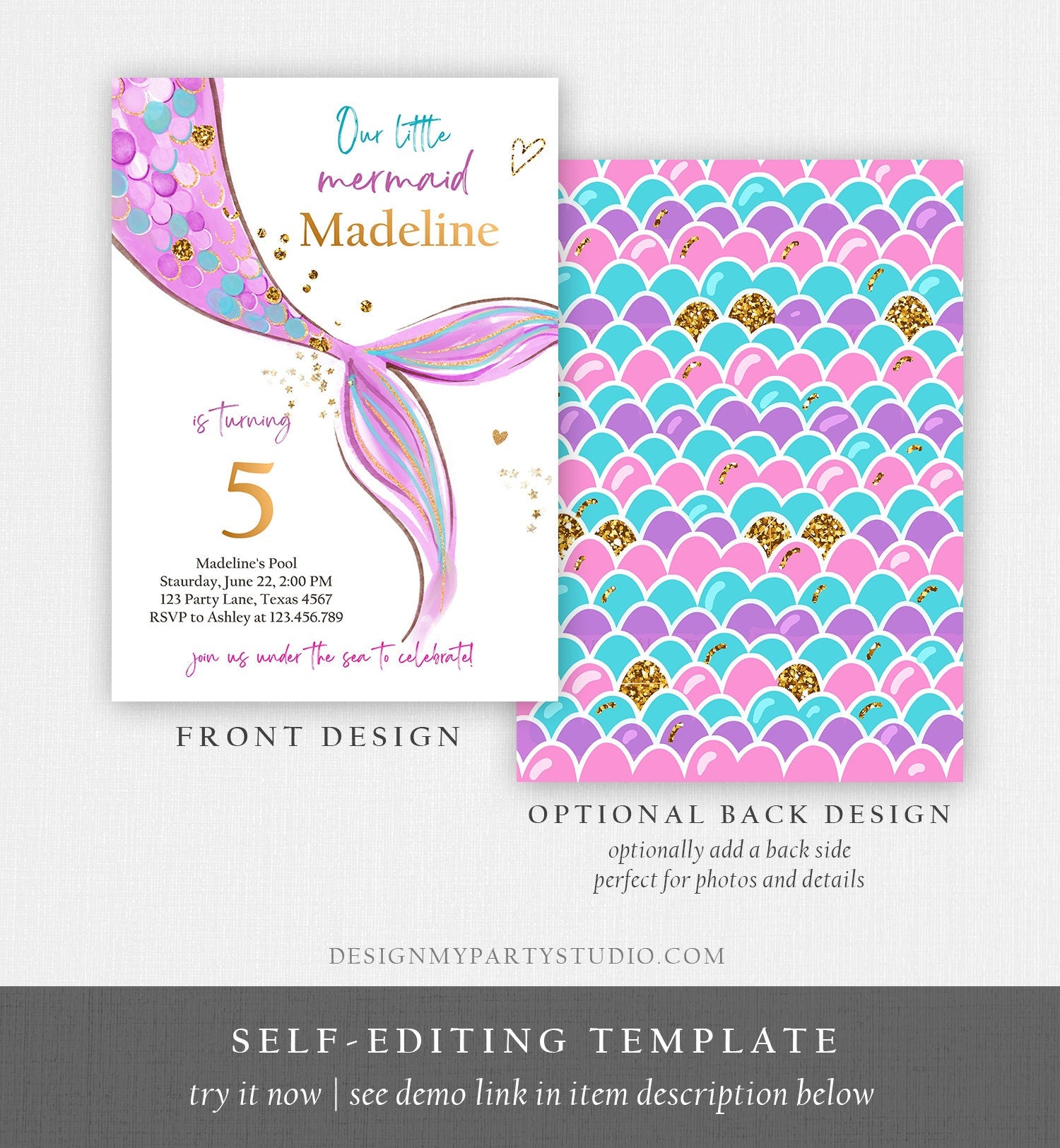 Editable Mermaid Birthday Party Invitation Girl Pink Purple Gold Mermaid Birthday Under The Sea Digital Download Template Printable 0403