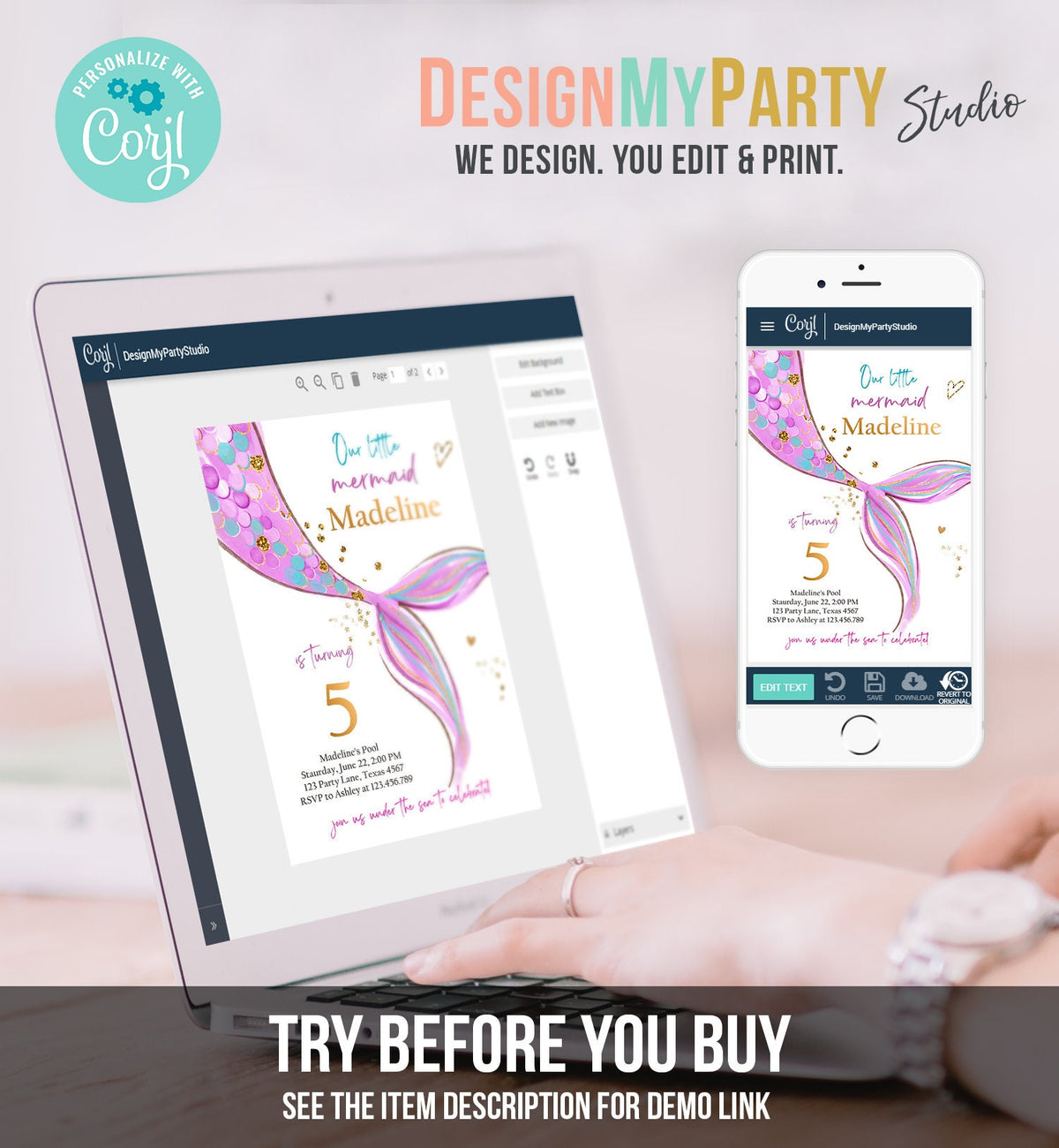 Editable Mermaid Birthday Party Invitation Girl Pink Purple Gold Mermaid Birthday Under The Sea Digital Download Template Printable 0403