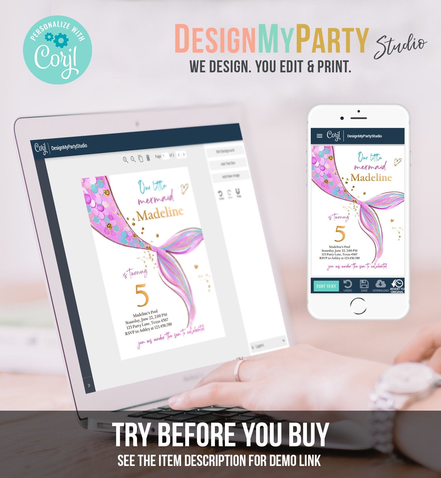 Editable Mermaid Birthday Party Invitation Girl Pink Purple Gold Mermaid Birthday Under The Sea Digital Download Template Printable 0403