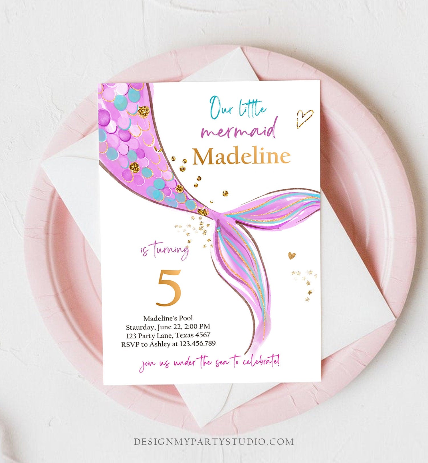 Editable Mermaid Birthday Party Invitation Girl Pink Purple Gold Mermaid Birthday Under The Sea Digital Download Template Printable 0403
