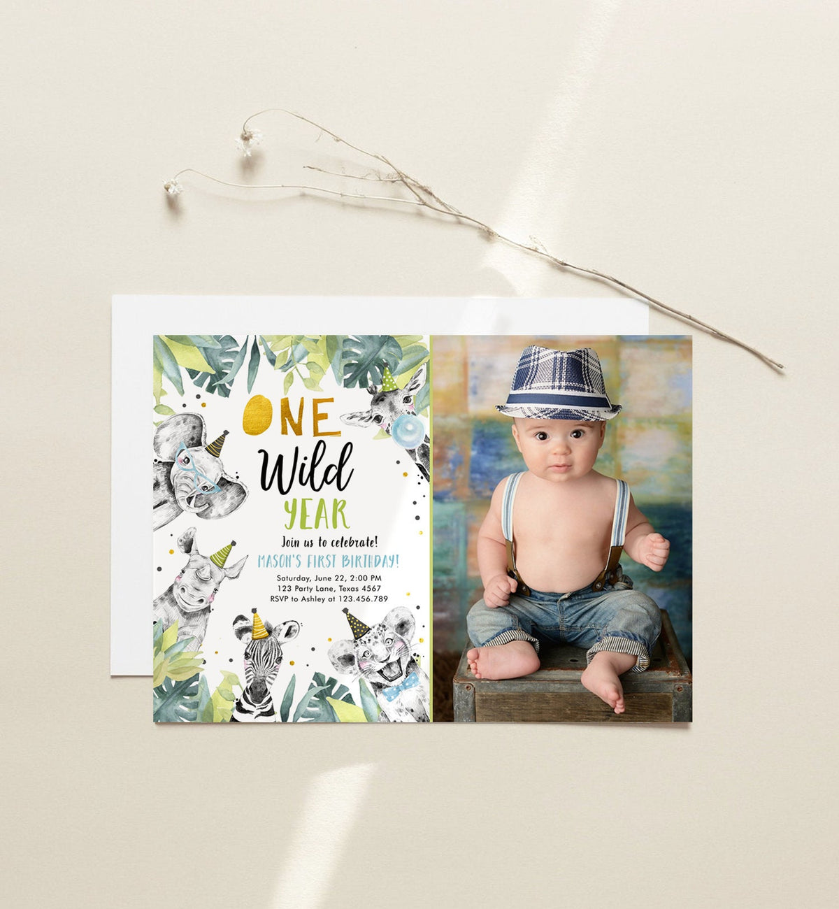 Editable One Wild Year Birthday Invitation Safari Party Animals Boy Gold First Birthday Wild One Monochrome Digital Template Printable 0322