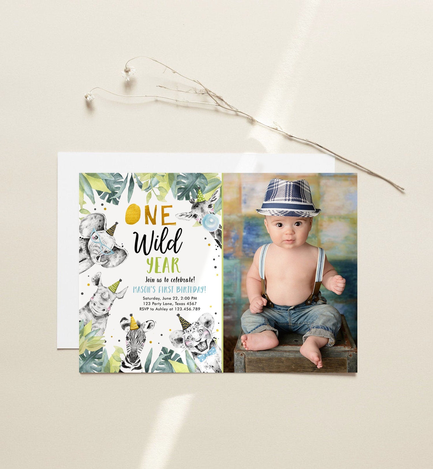 Editable One Wild Year Birthday Invitation Safari Party Animals Boy Gold First Birthday Wild One Monochrome Digital Template Printable 0322