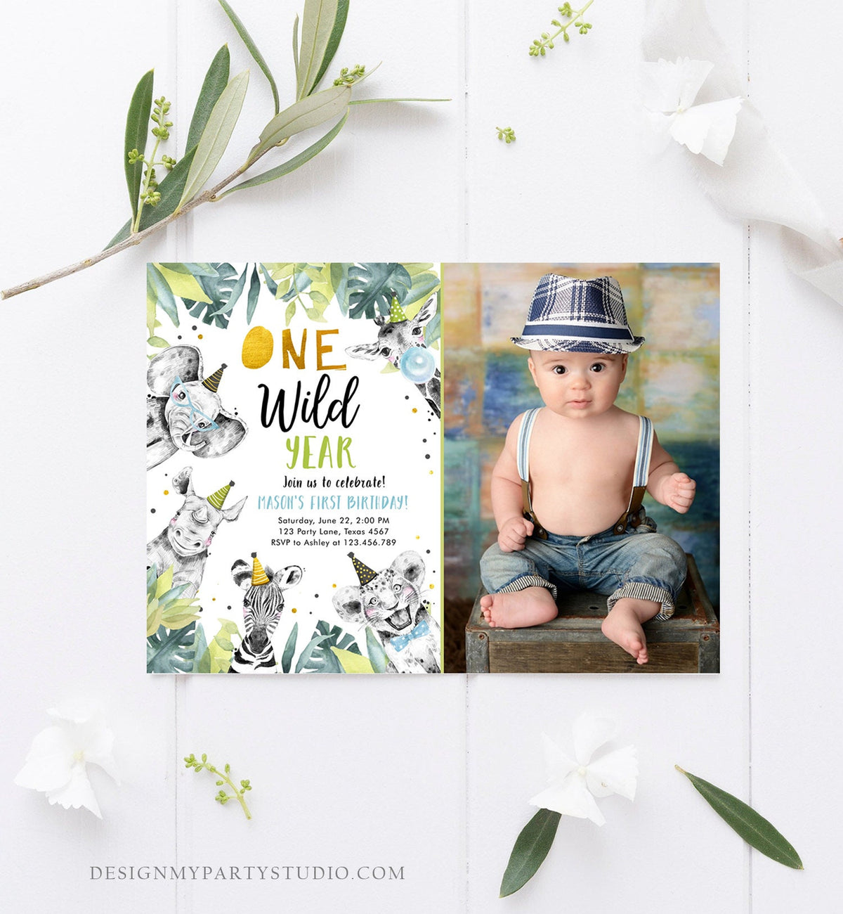 Editable One Wild Year Birthday Invitation Safari Party Animals Boy Gold First Birthday Wild One Monochrome Digital Template Printable 0322