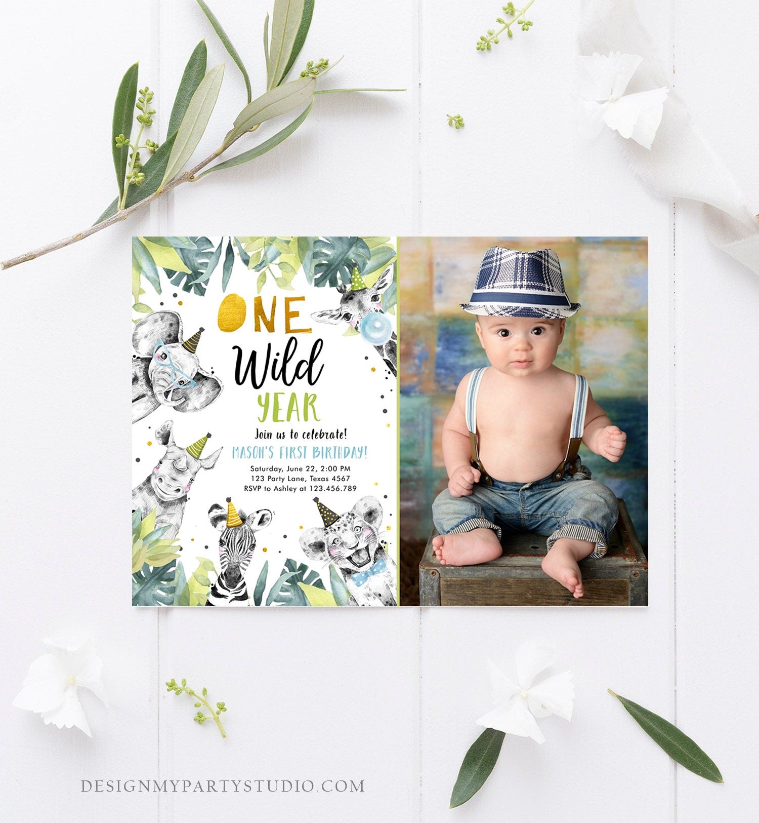 Editable One Wild Year Birthday Invitation Safari Party Animals Boy Gold First Birthday Wild One Monochrome Digital Template Printable 0322