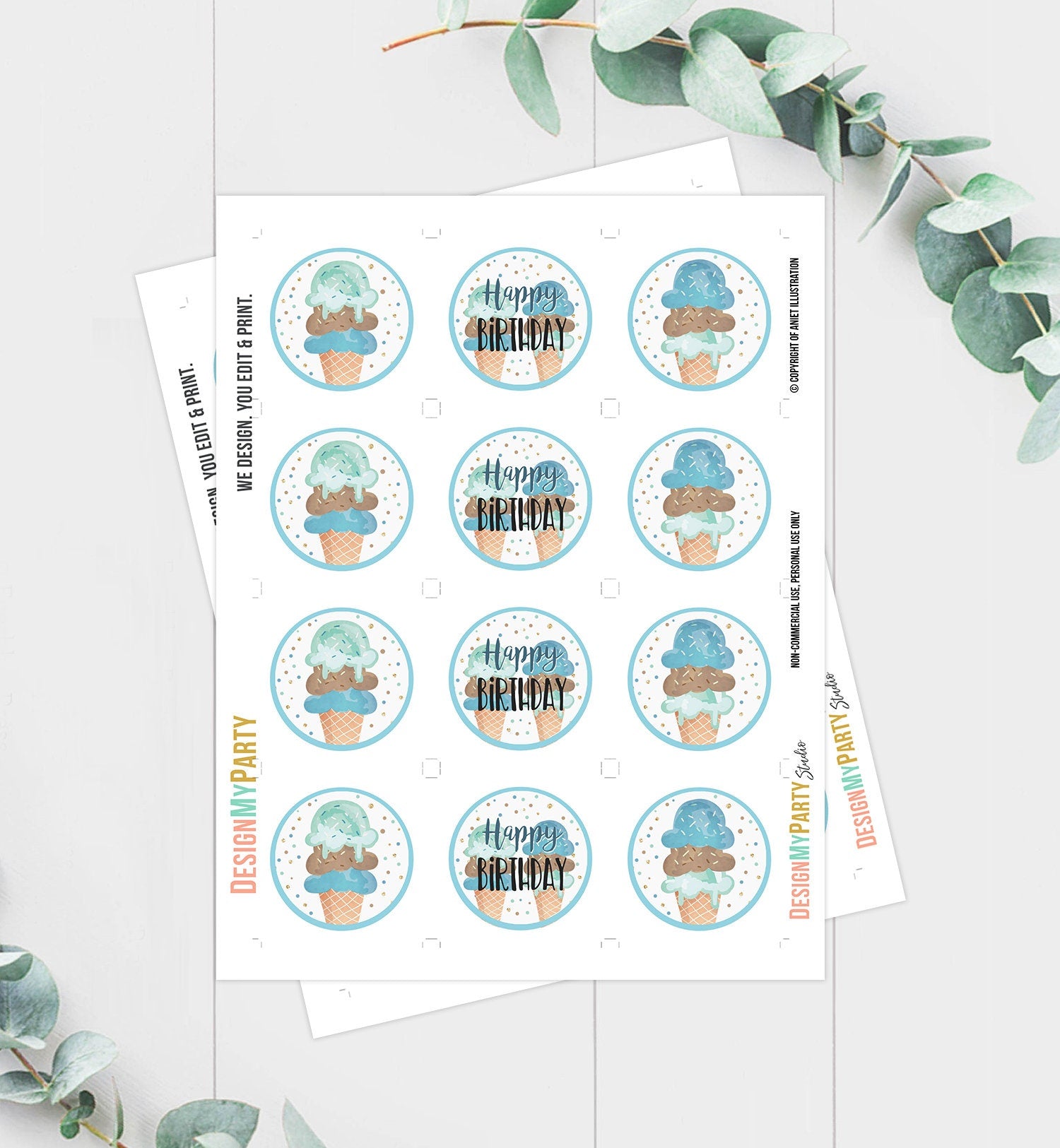 Ice Cream Cupcake Toppers Favor Tags Ice Cream Birthday Party Decoration Boy Blue Mint Brown Summer Scoop Digital Download Printable 0243