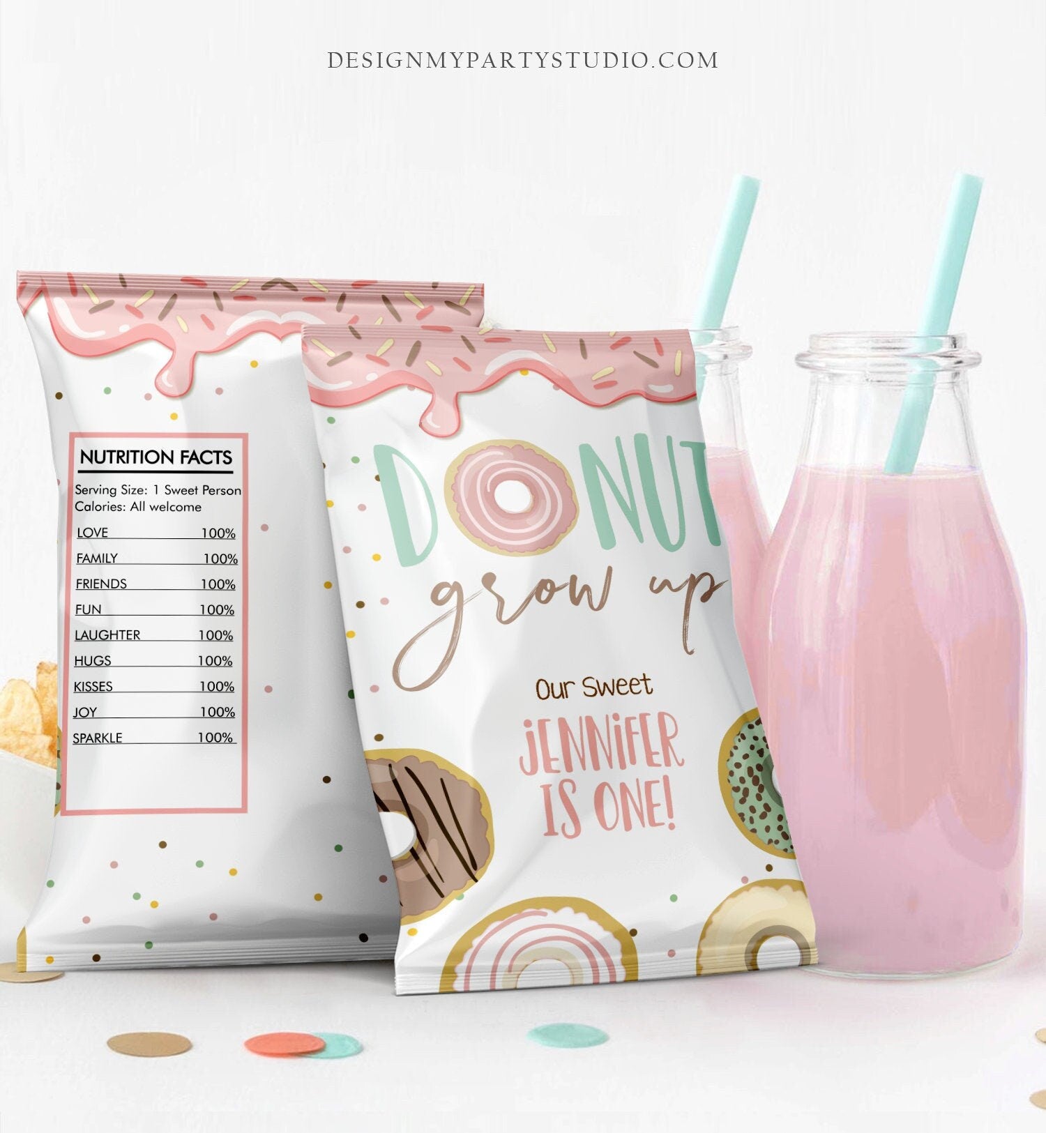 Editable Donut Grow Up Chip Bag Donut Birthday Party Decor Girl Sweet One Donuts Labels Snack Favors Download Digital Corjl Template 0320