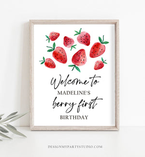 Editable Strawberry Welcome Sign Strawberry Birthday Party Welcome Farmers Market Girl Berry First Watercolor Template PRINTABLE Corjl 0399