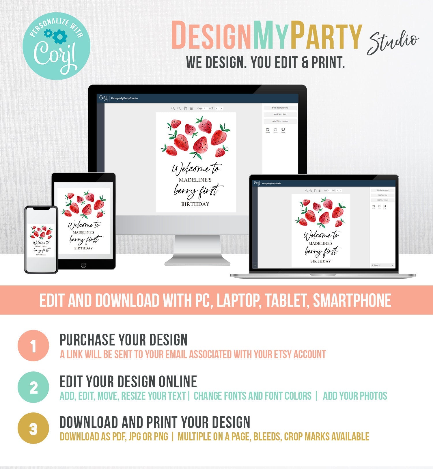 Editable Strawberry Welcome Sign Strawberry Birthday Welcome Farmers Market Girl Berry First Watercolor Digital Template Printable 0399