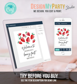 Editable Strawberry Welcome Sign Strawberry Birthday Party Welcome Farmers Market Girl Berry First Watercolor Template PRINTABLE Corjl 0399
