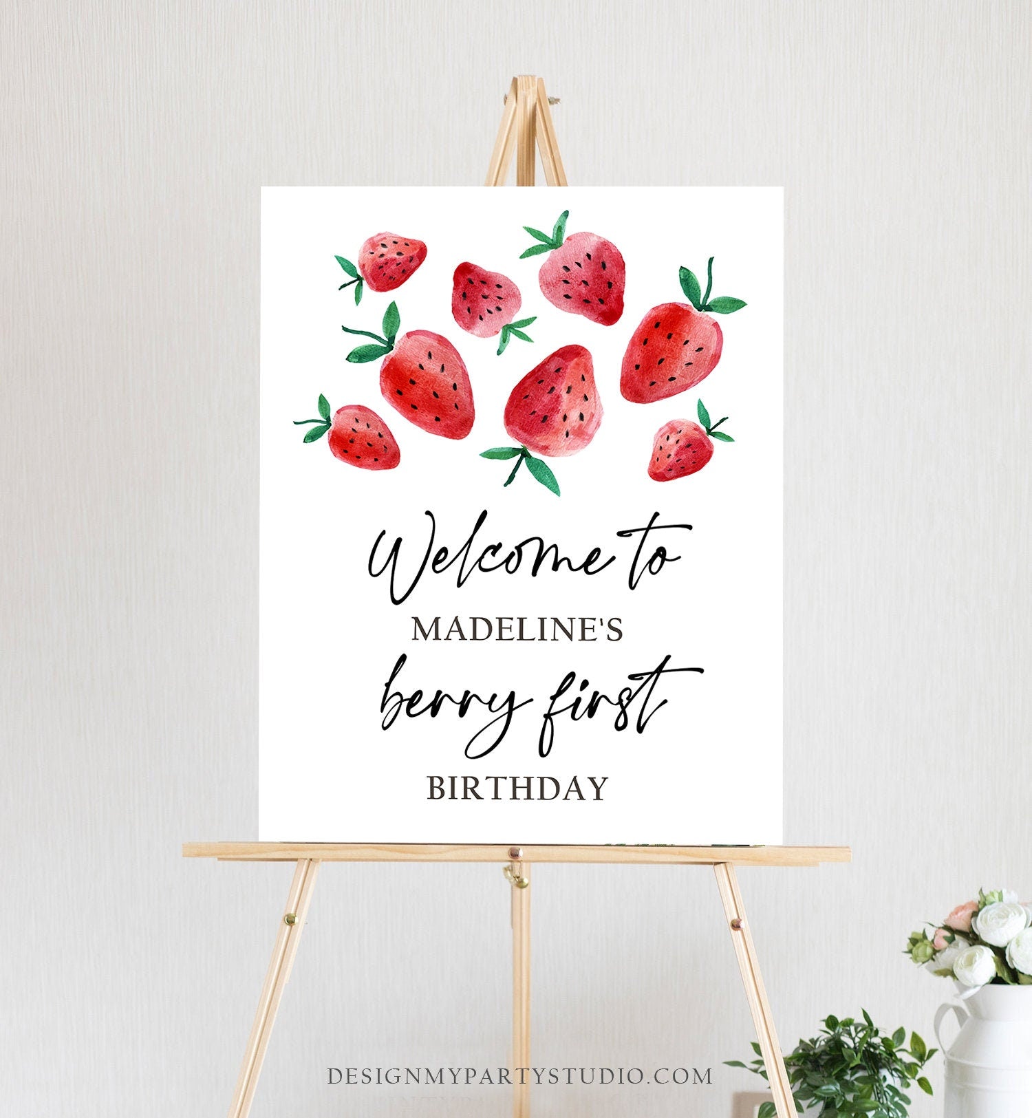 Editable Strawberry Welcome Sign Strawberry Birthday Welcome Farmers Market Girl Berry First Watercolor Digital Template Printable 0399