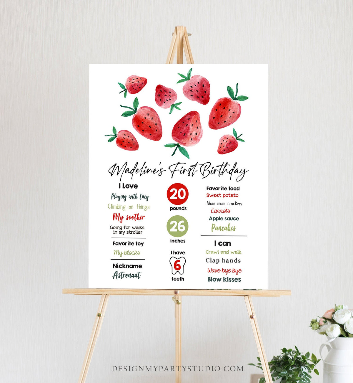 Editable Strawberry Birthday Milestones Sign Strawberry First Birthday Girl Strawberries Watercolor Digital Download Template Printable 0399