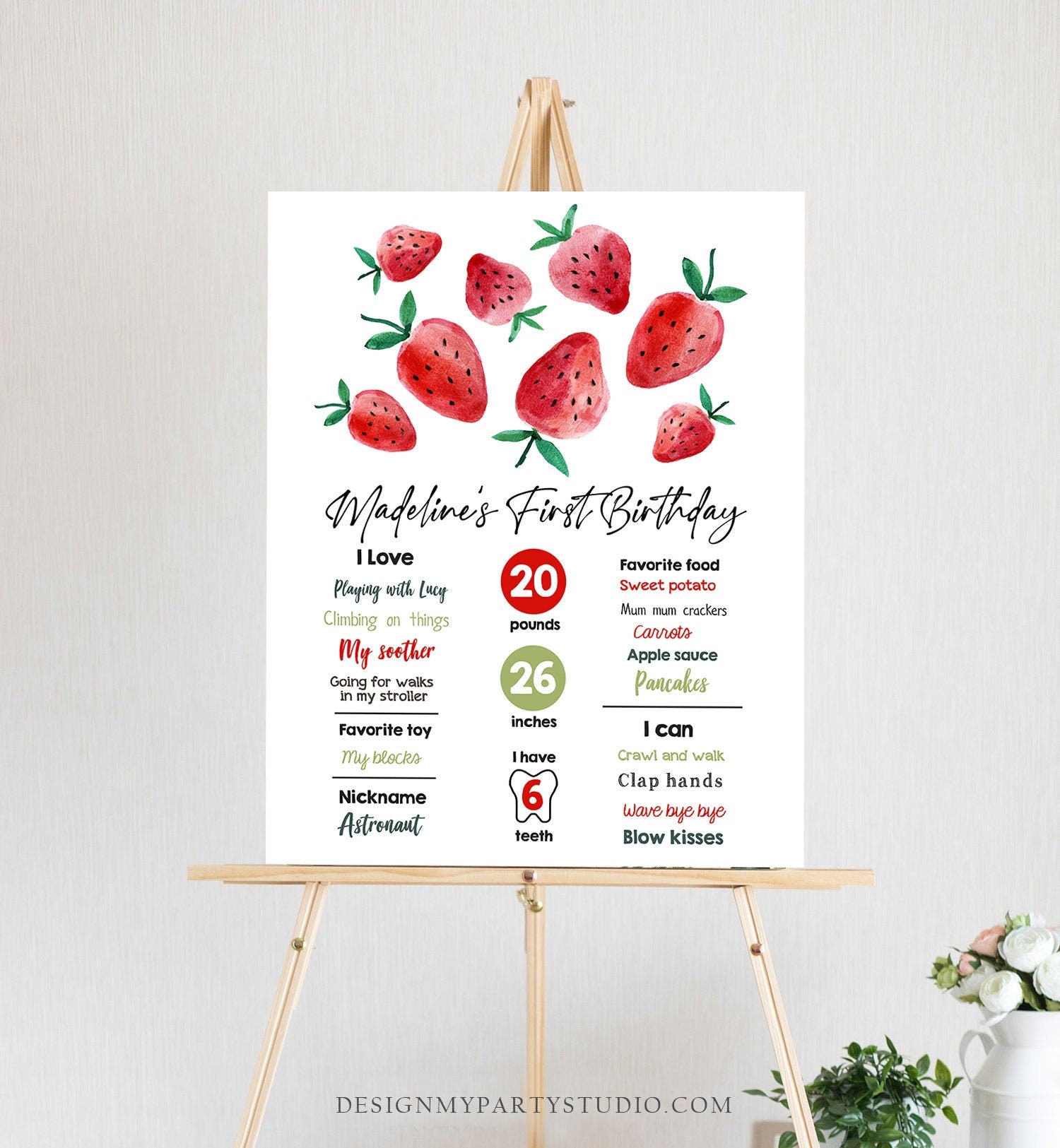 Editable Strawberry Birthday Milestones Sign Strawberry First Birthday Girl Strawberries Watercolor Digital Download Template Printable 0399