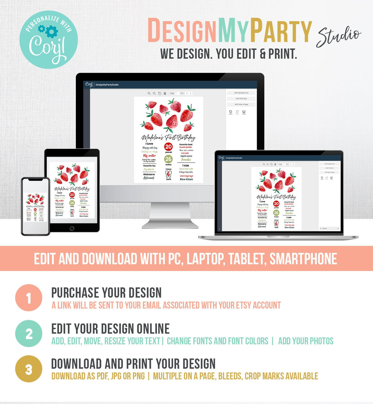 Editable Strawberry Birthday Milestones Sign Strawberry First Birthday Girl Strawberries Watercolor Digital Download Template Printable 0399