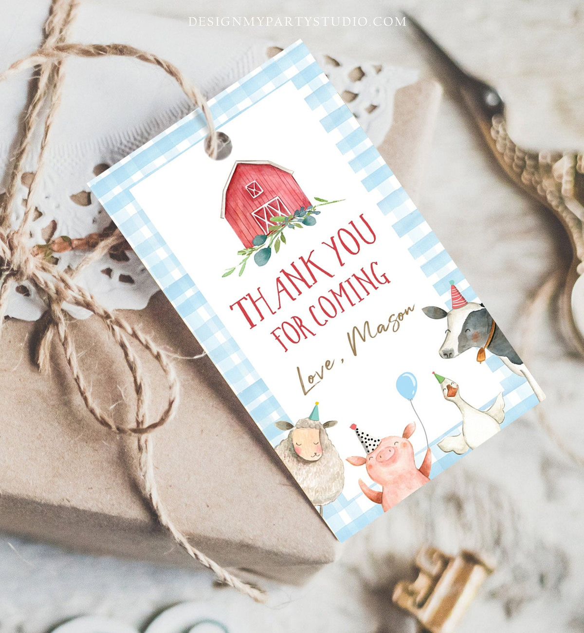 Editable Farm Favor Tags Tags Boy Farm Birthday Thank you tags Barnyard Gift Tags Blue Red Boy Baby Shower Download Template Printable 0155
