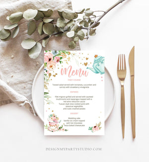 Editable Floral Tea Menu Card Tea Birthday Pink Gold Confetti Floral Tea Baby Shower Baby is Brewing Download Corjl Template Printable 0349