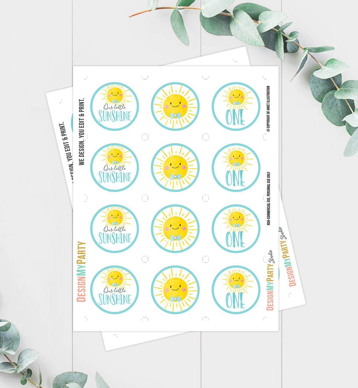 Sunshine Birthday Cupcake Toppers Favor Tags Sunshine Party Little Sunshine Decor Boy Blue 1st Stickers Download Digital Printable 0141
