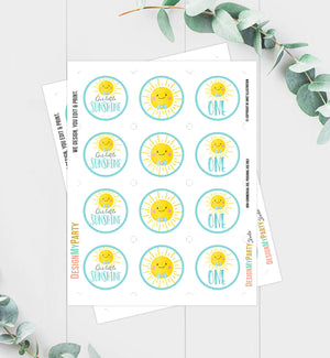 Sunshine Birthday Cupcake Toppers Favor Tags Sunshine Party Little Sunshine Decor Boy Blue 1st Stickers Download Digital PRINTABLE 0141