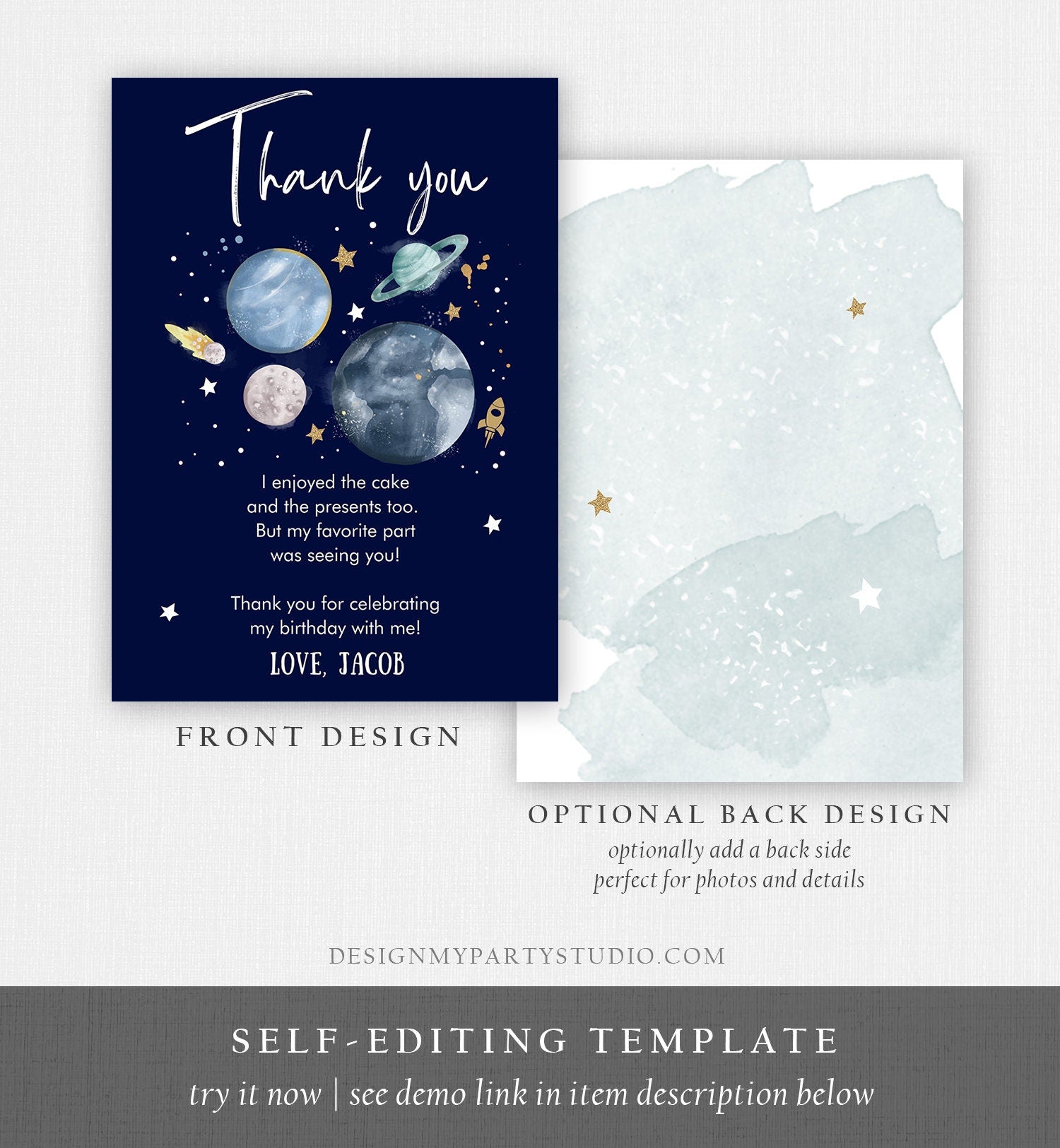 Editable Outer Space Birthday Thank You Card Space Astronaut To the Moon Galaxy Thank You Note Digital Download Template Printable 0357