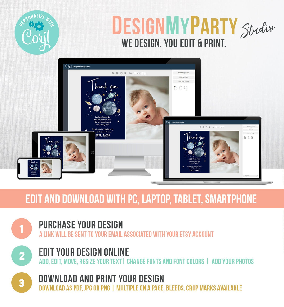 Editable Space Thank You Card Space Astronaut Birthday Boy To the Moon Galaxy Thank You Note Digital Download Template Printable 0357