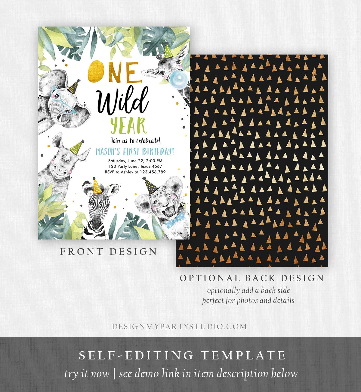 Editable One Wild Year Birthday Invitation Safari Party Animals Boy Gold First Birthday Wild One Monochrome Evite Template Printable 0322