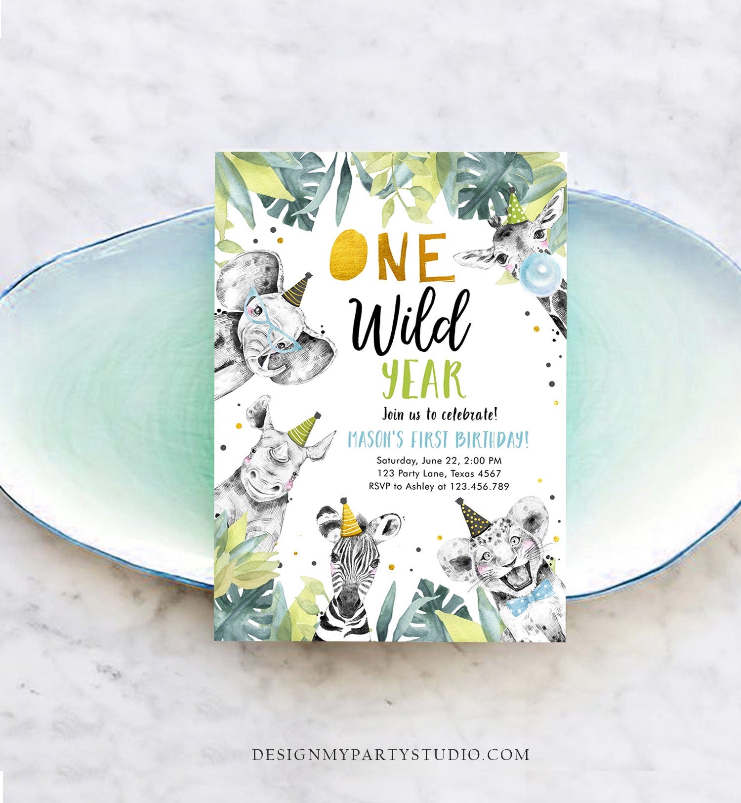 Editable One Wild Year Birthday Invitation Safari Party Animals Boy Gold First Birthday Wild One Monochrome Evite Template Printable 0322