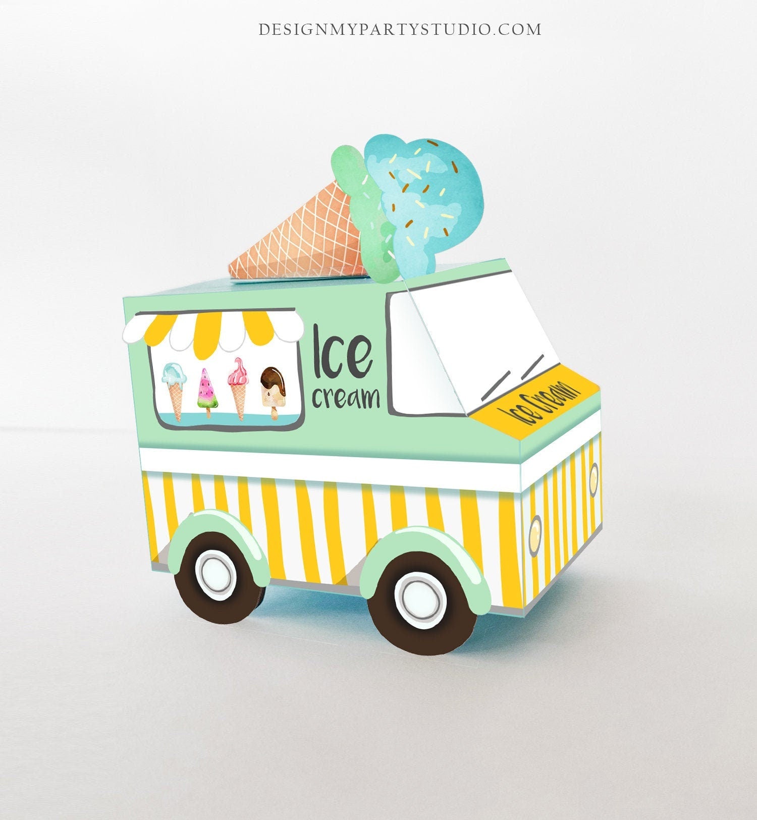 Printable Ice Cream Birthday Ice Cream Party Favor Box Ice Cream Centerpieces Decor Decorations Truck Neutral Mint Blue DIY Digital 0243