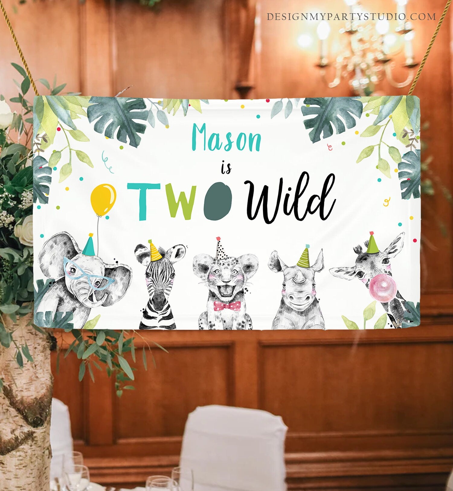 Editable Two Wild Party Animals Birthday Backdrop Banner Safari Animals Boy Born Two Be Wild Welcome Sign Corjl Template Printable 0322