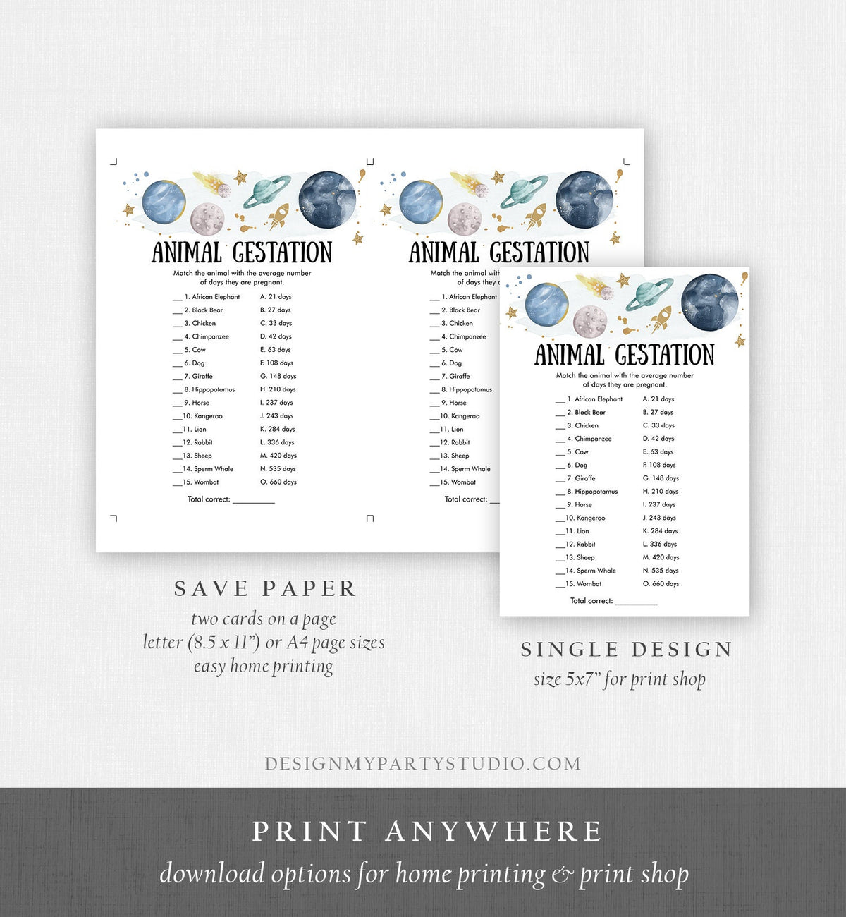 Editable Animal Gestation Baby Shower Game Card Outer Space Planets Galaxy Boy Pregnancy Activity Digital Download Template Printable 0357