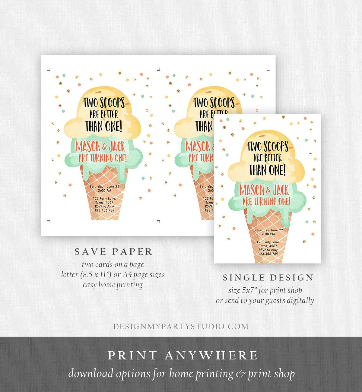 Editable Twin Ice Cream Birthday Invitation First Birthday Two is Better Than One Yellow Mint Gold Boy Digital Template Printable 0243