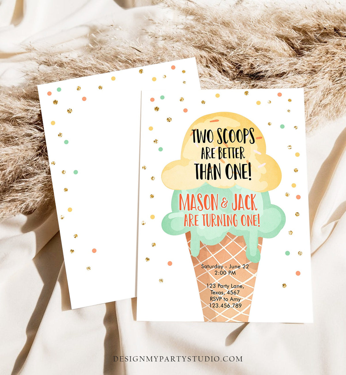 Editable Twin Ice Cream Birthday Invitation First Birthday Two is Better Than One Yellow Mint Gold Boy Digital Template Printable 0243