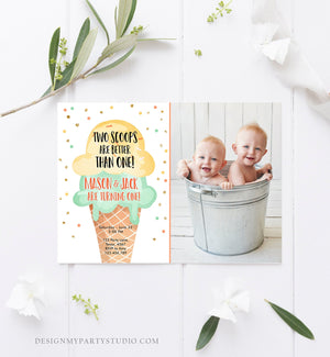 Editable Twin Ice Cream Birthday Invitation First Birthday Two is Better Than One Yellow Mint Gold Boy Neutral Printable Template Corjl 0243