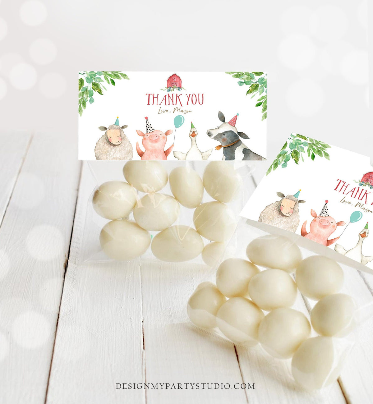 Editable Farm Animals Treat Bag Toppers Farm Birthday Thank You Barnyard Loot Topper Red Farm Boy Digital Download Template Printable 0155