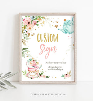 Editable Custom Tea Party Sign Baby Shower Baby is Brewing Floral Pink Gold Whimsical Girl Table Sign 8x10 Corjl Template Printable 0349