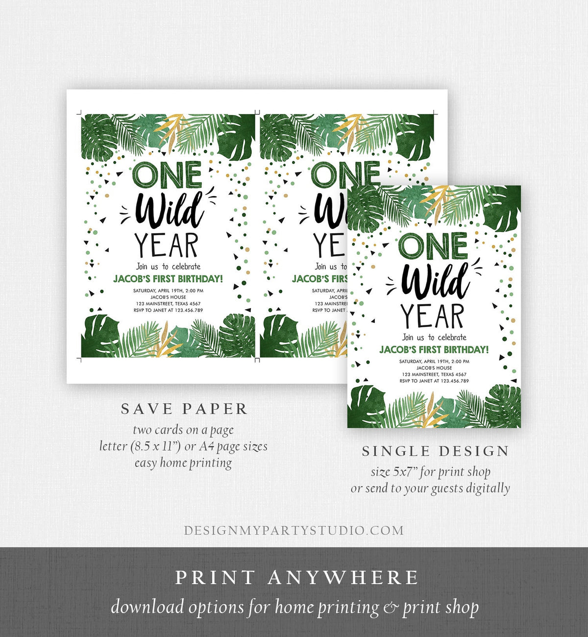 Editable One Wild Year Birthday Invitation Boy Tropical Safari Pink Jungle Wild One Wild Child Gold Digital Download Template Printable 0332