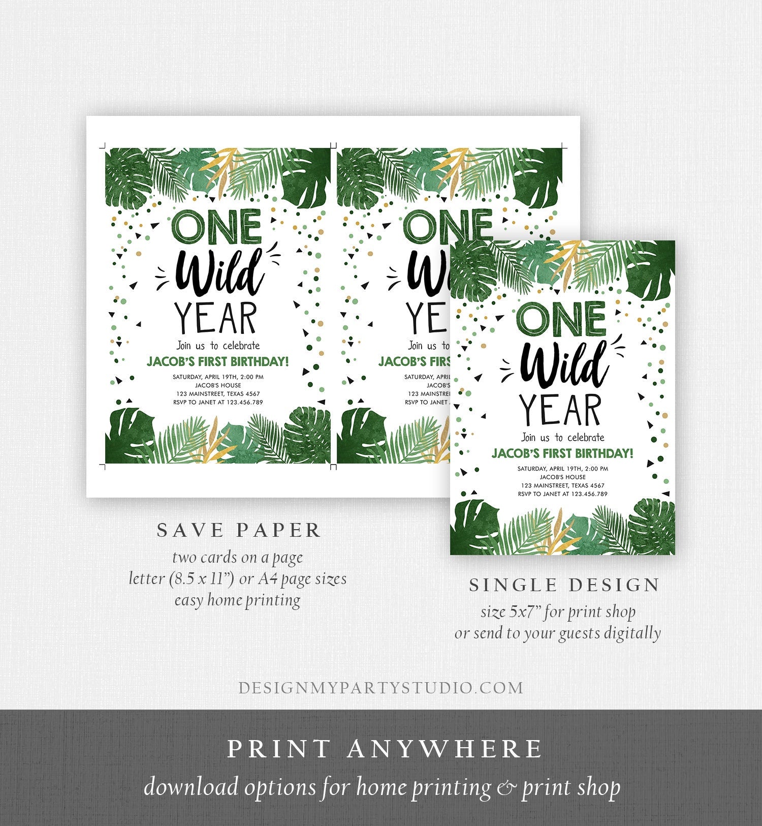 Editable One Wild Year Birthday Invitation Boy Tropical Safari Pink Jungle Wild One Wild Child Gold Digital Download Template Printable 0332