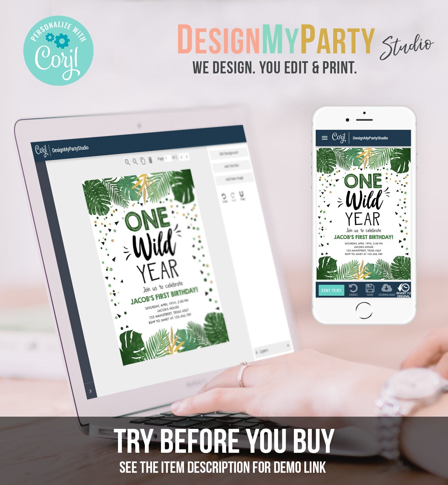 Editable One Wild Year Birthday Invitation Boy Tropical Safari Pink Jungle Wild One Wild Child Gold Digital Download Template Printable 0332