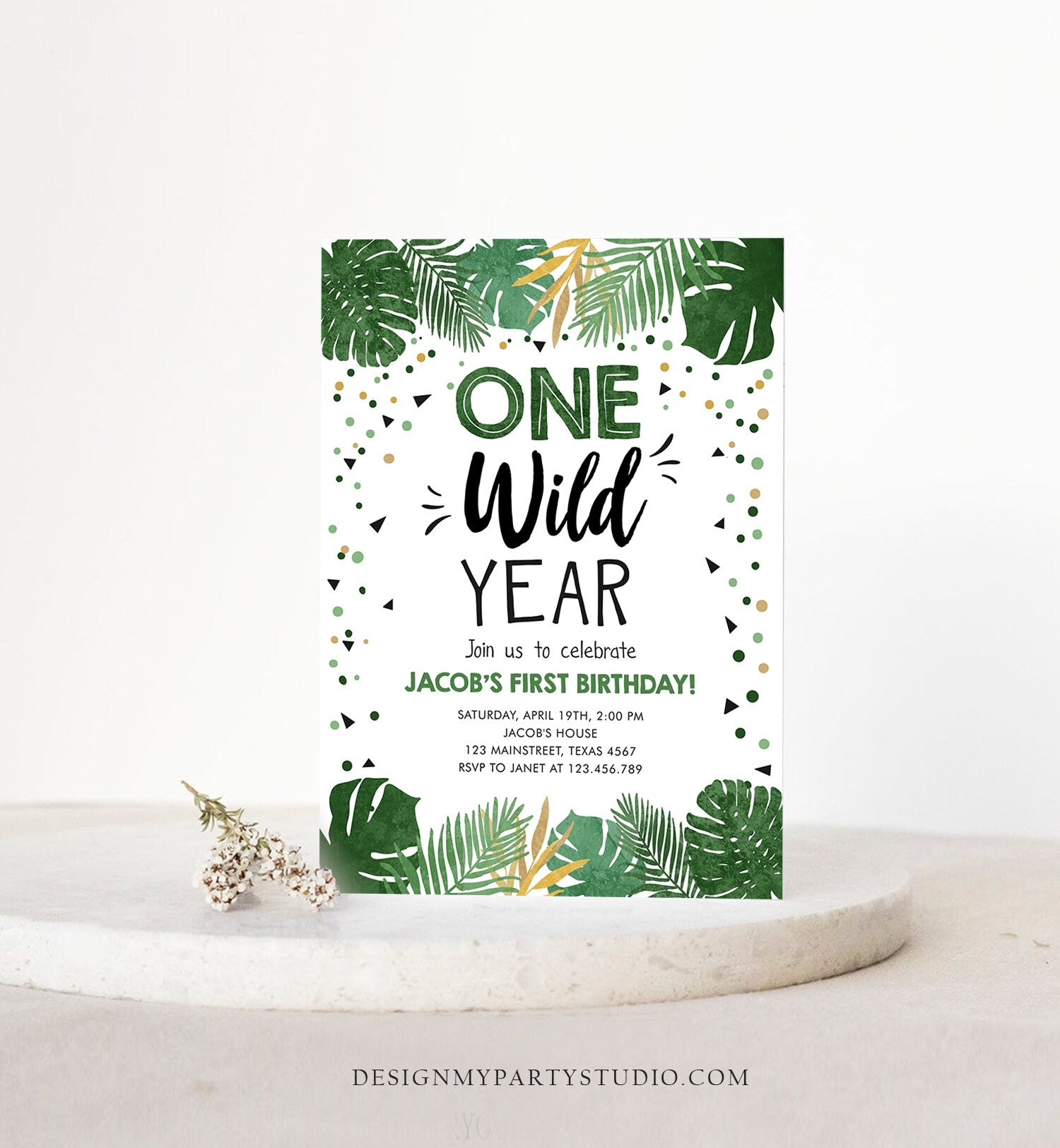 Editable One Wild Year Birthday Invitation Boy Tropical Safari Pink Jungle Wild One Wild Child Gold Digital Download Template Printable 0332
