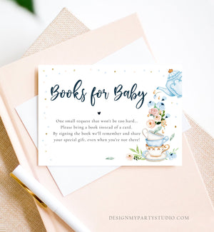 Editable Bring a Book Card Baby is Brewing Baby Shower Tea Party Book Insert Books for Baby Boy Blue Request Corjl Template Printable 0349
